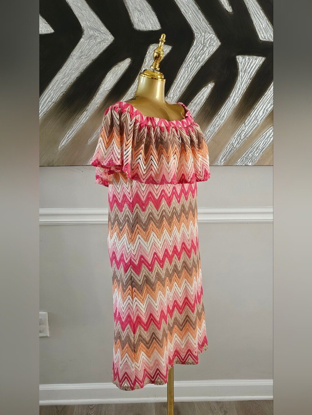 Tacera Chevron Off Shoulder Ruffle Dress Pink Orange Knit Women's Large Boho - Picture 2 of 4